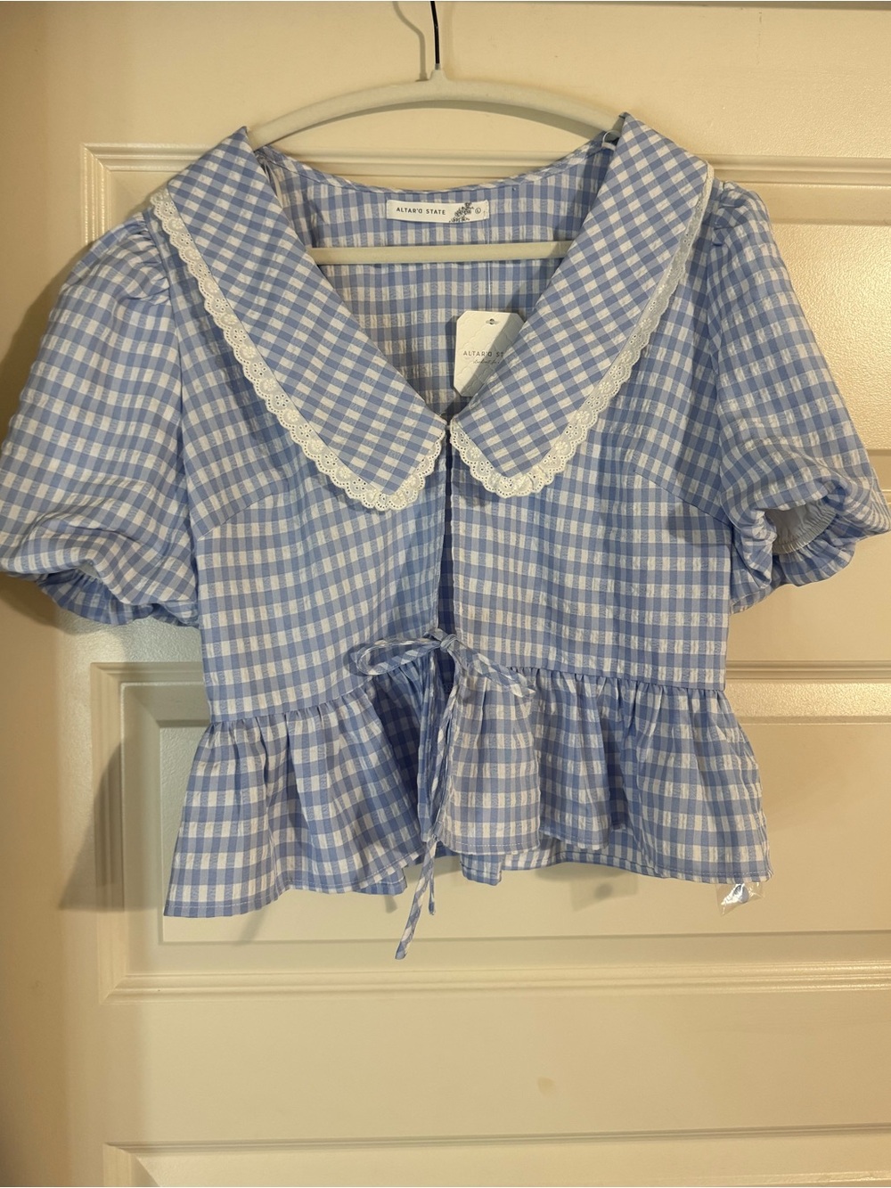 Altar'd State Blue and White Gingham Collared Top